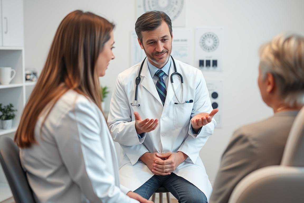 Persona consultando con un profesional de salud sobre diferentes opciones de diagnóstico, incluyendo iridología