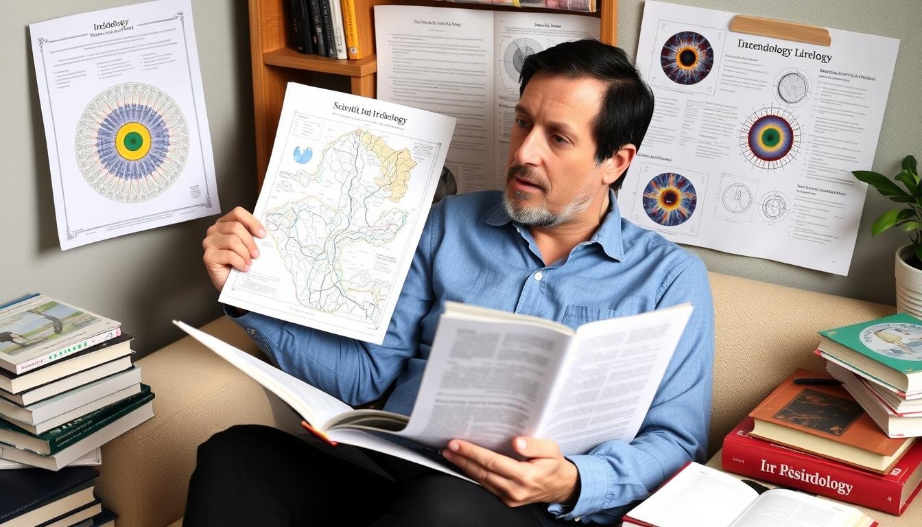 Persona estudiando un mapa de iridología moderno junto con literatura científica
