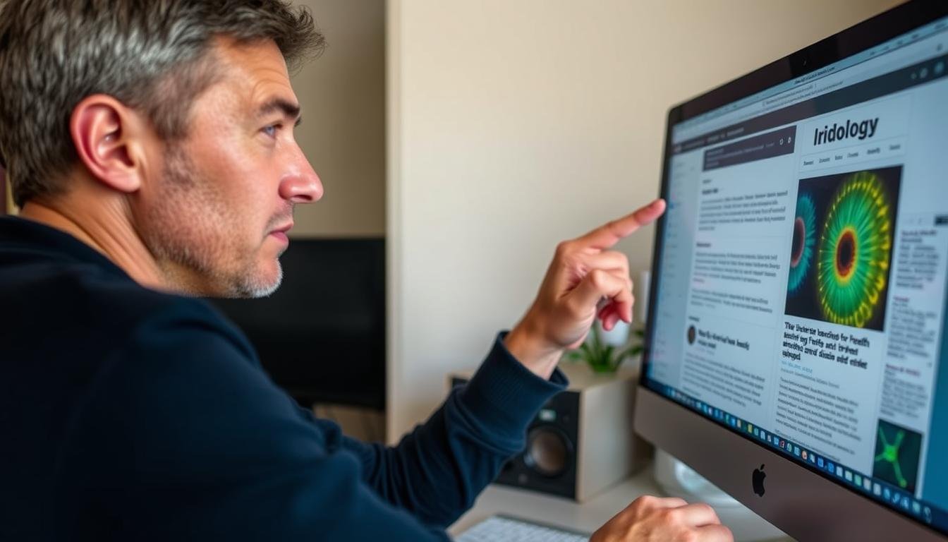 Persona investigando sobre la iridología y medicina alternativa en internet
