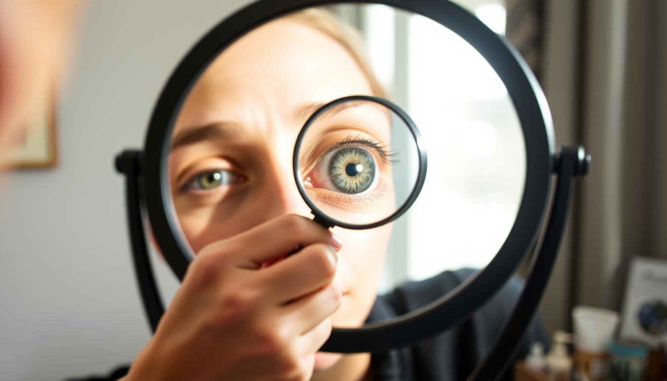 Persona observando su propio iris con una lupa