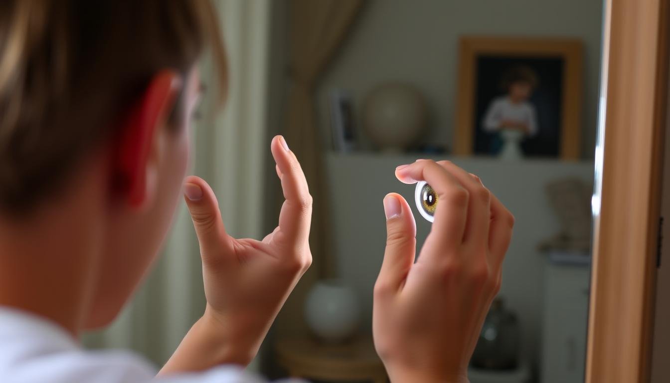 Persona observando su propio iris en un espejo para autoexamen