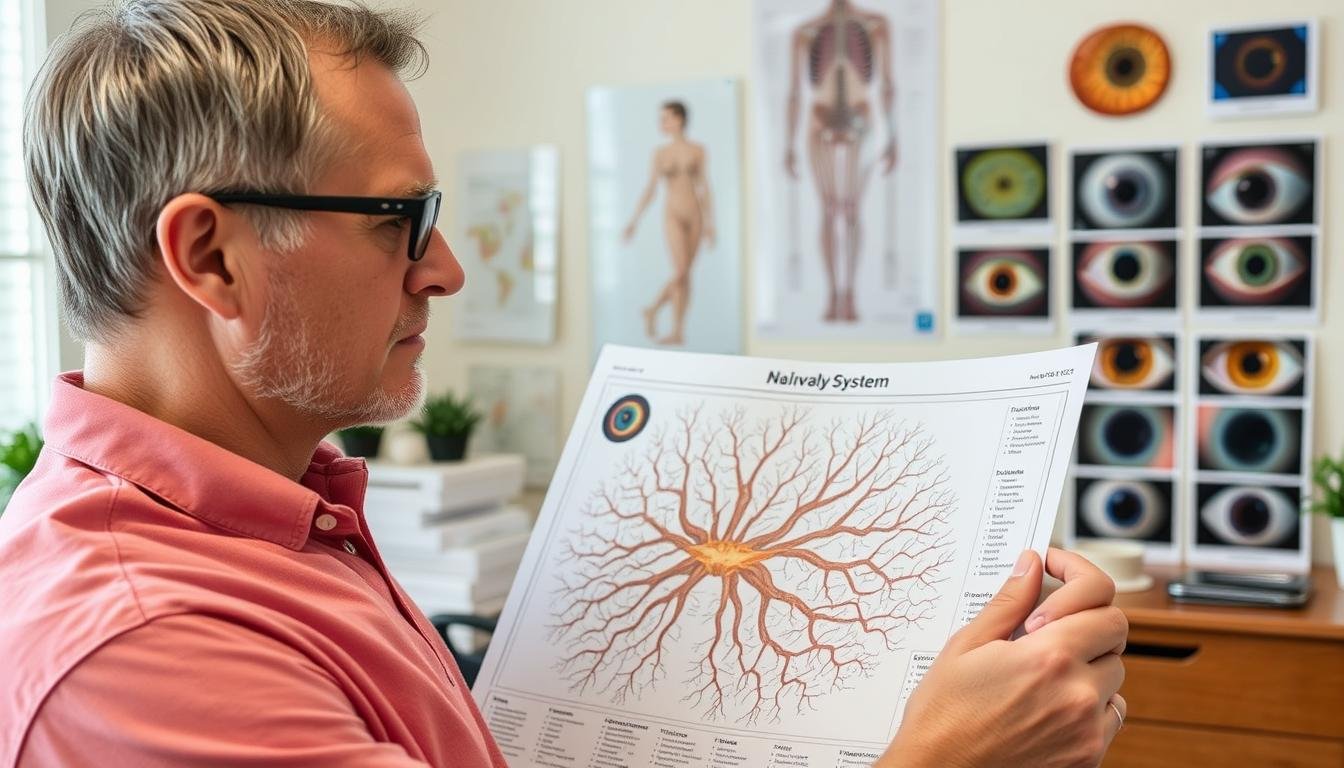 Persona observando un mapa de iridología detallado del sistema nervioso