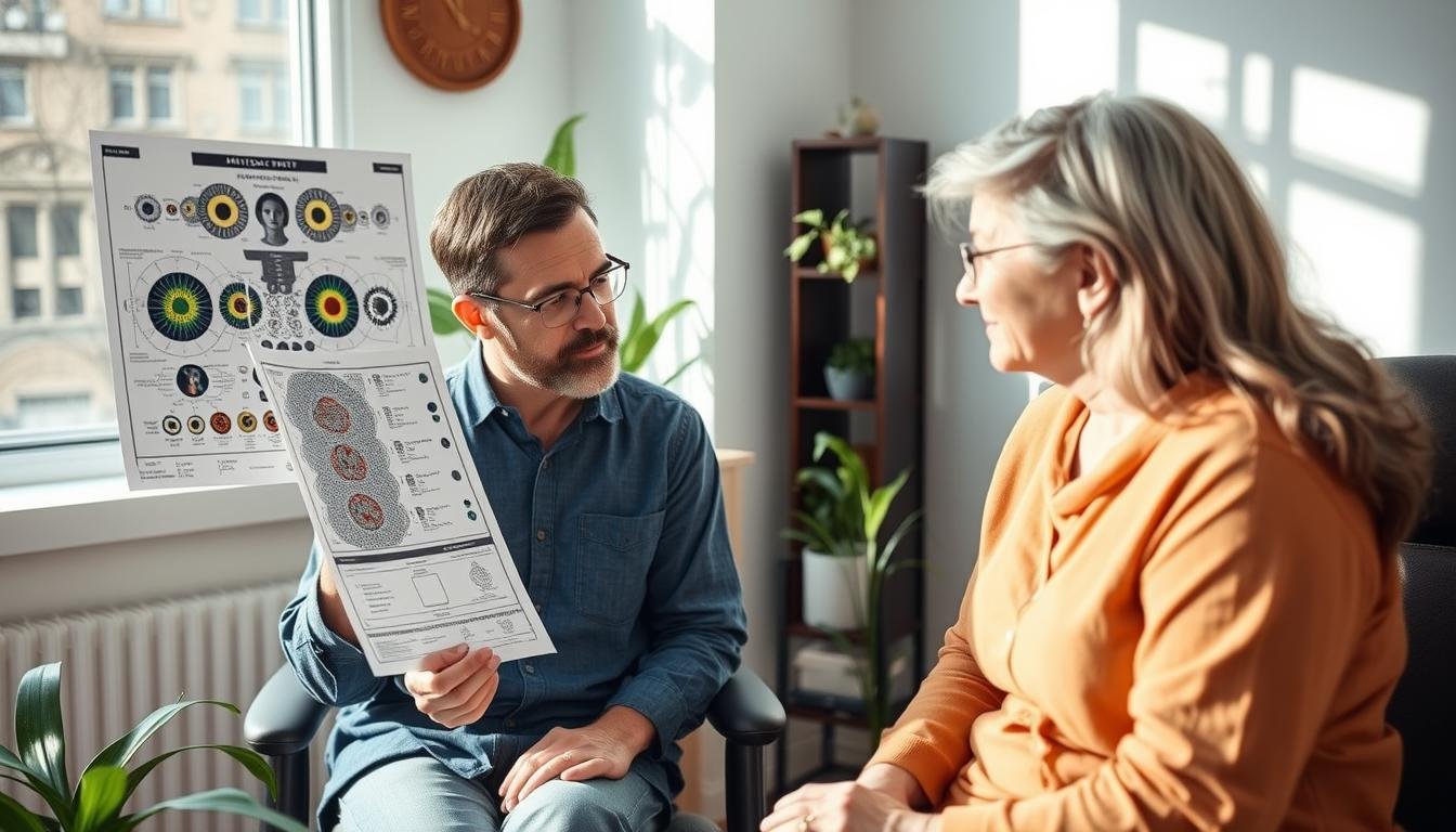 Persona observando un mapa de iridología junto a un profesional de salud alternativa Persona observando un mapa de iridología junto a un profesional de salud alternativa
