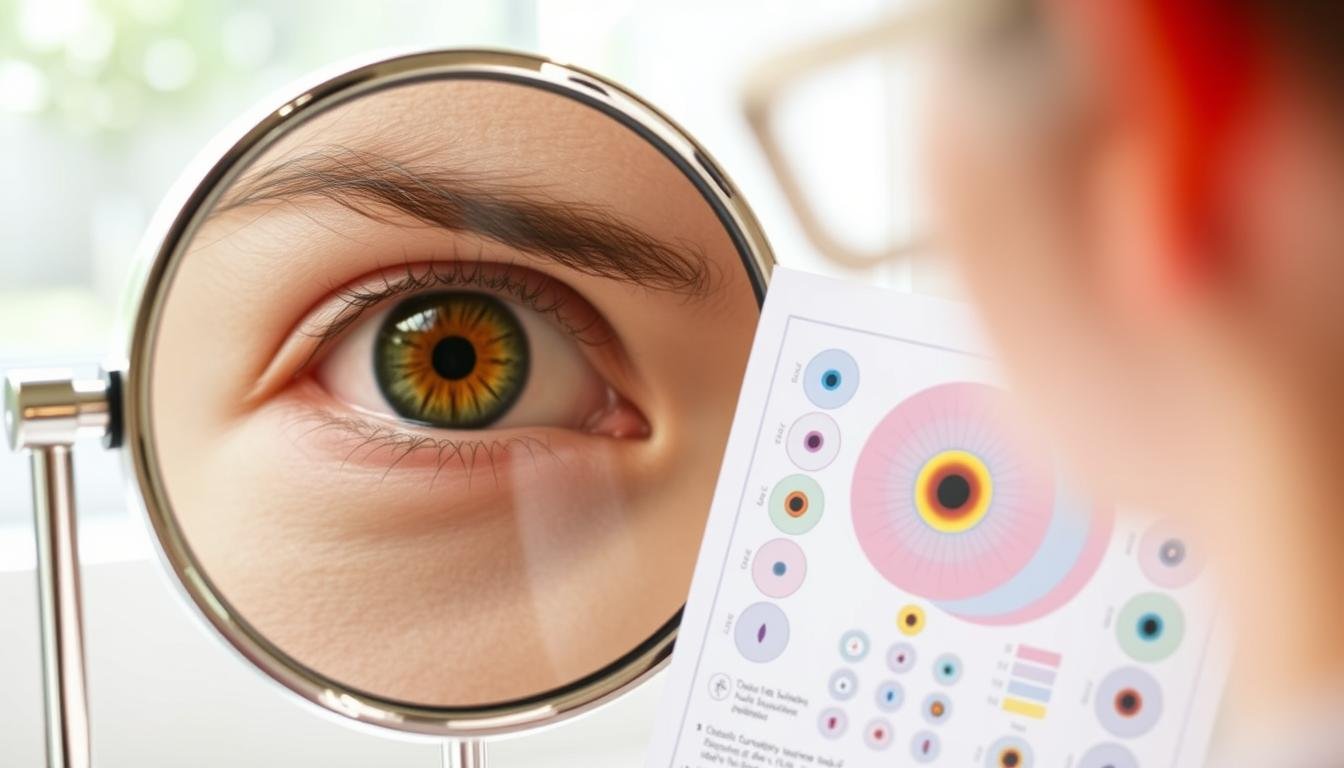 Persona observando un mapa de iridología mientras examina su propio iris en un espejo