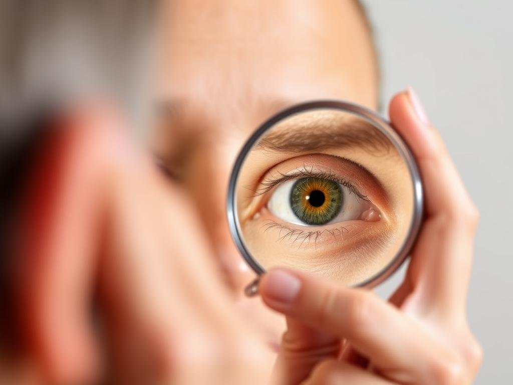 Persona realizando autoexamen del iris con espejo de aumento