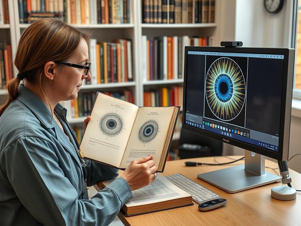 Practicante comparando análisis de iris histórico y moderno