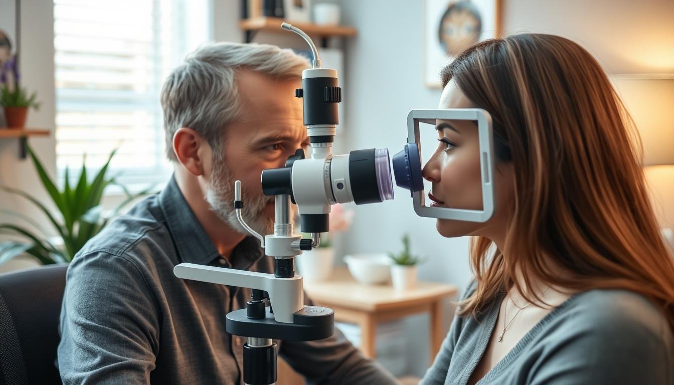 Practicante de iridología realizando un análisis del iris