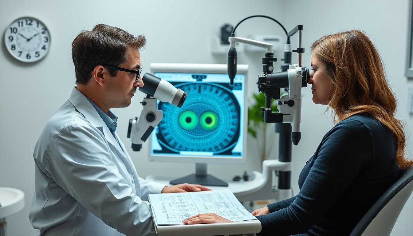 Practicante de iridología realizando un análisis profesional con mapa de iridología