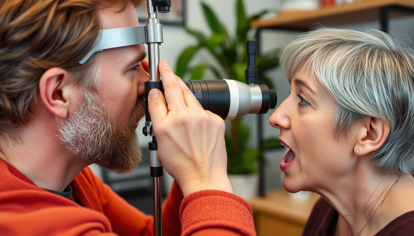 Practicante de medicina natural combinando lectura del iris con diagnóstico por lengua