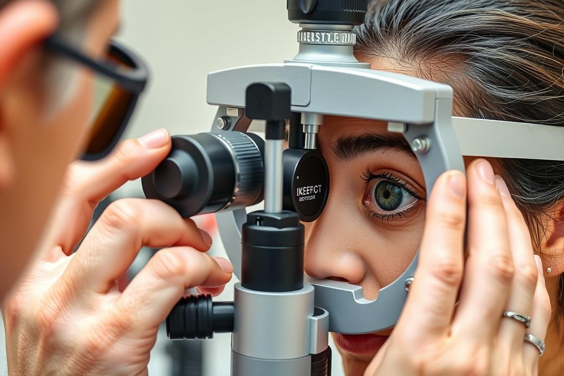 Practicante realizando análisis de iridología con ambos iris Practicante realizando análisis de iridología con ambos iris