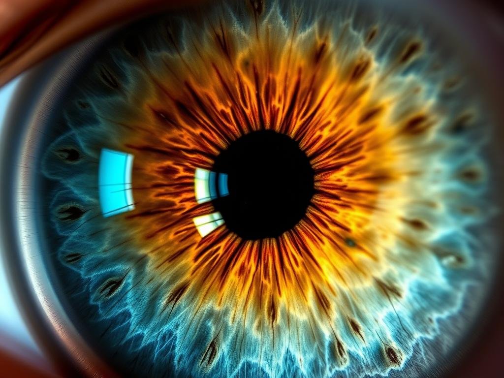 Primer plano de un iris humano mostrando detalles y patrones que analiza un iriólogo