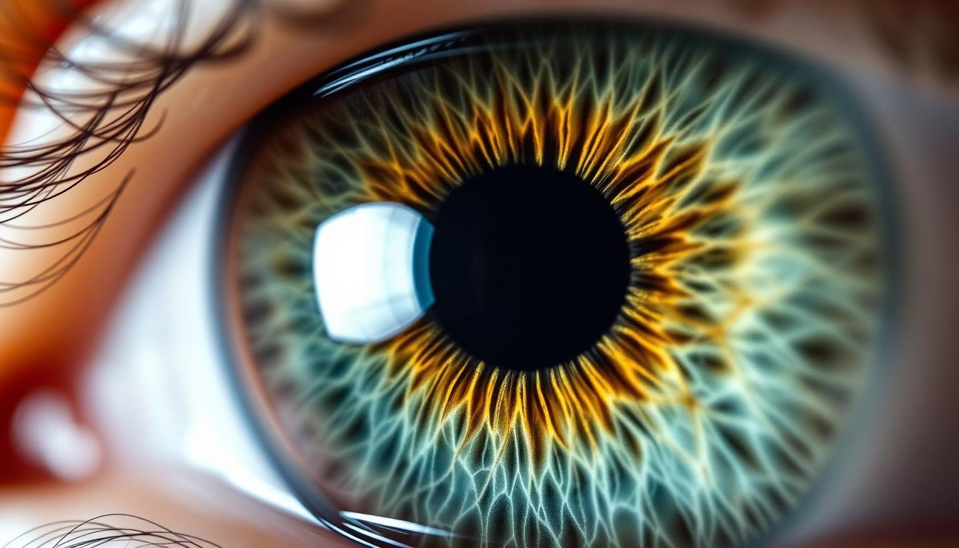 Primer plano de un iris humano mostrando sus patrones y estructuras para lectura del iris