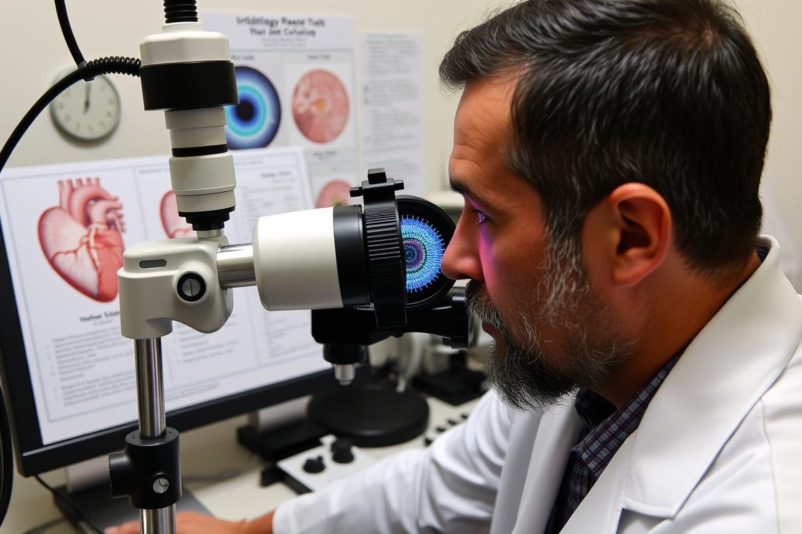 Proceso de análisis iridológico cardiovascular usando un mapa de iridología profesional