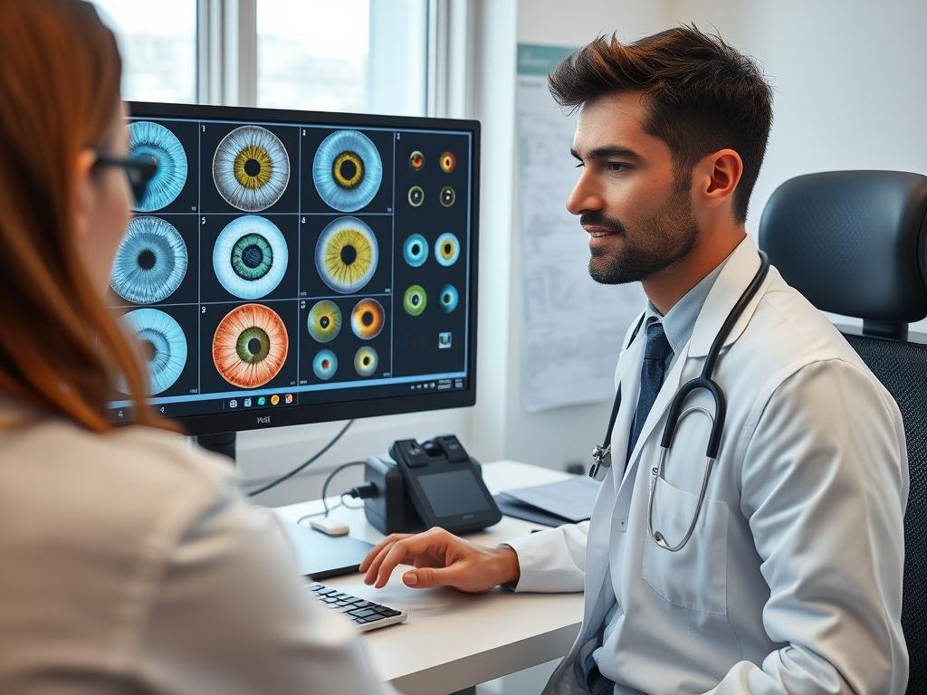 Profesional analizando imágenes de iris en software especializado capturadas con una Cámara de Iridología Profesional analizando imágenes de iris en software especializado capturadas con una Cámara de Iridología
