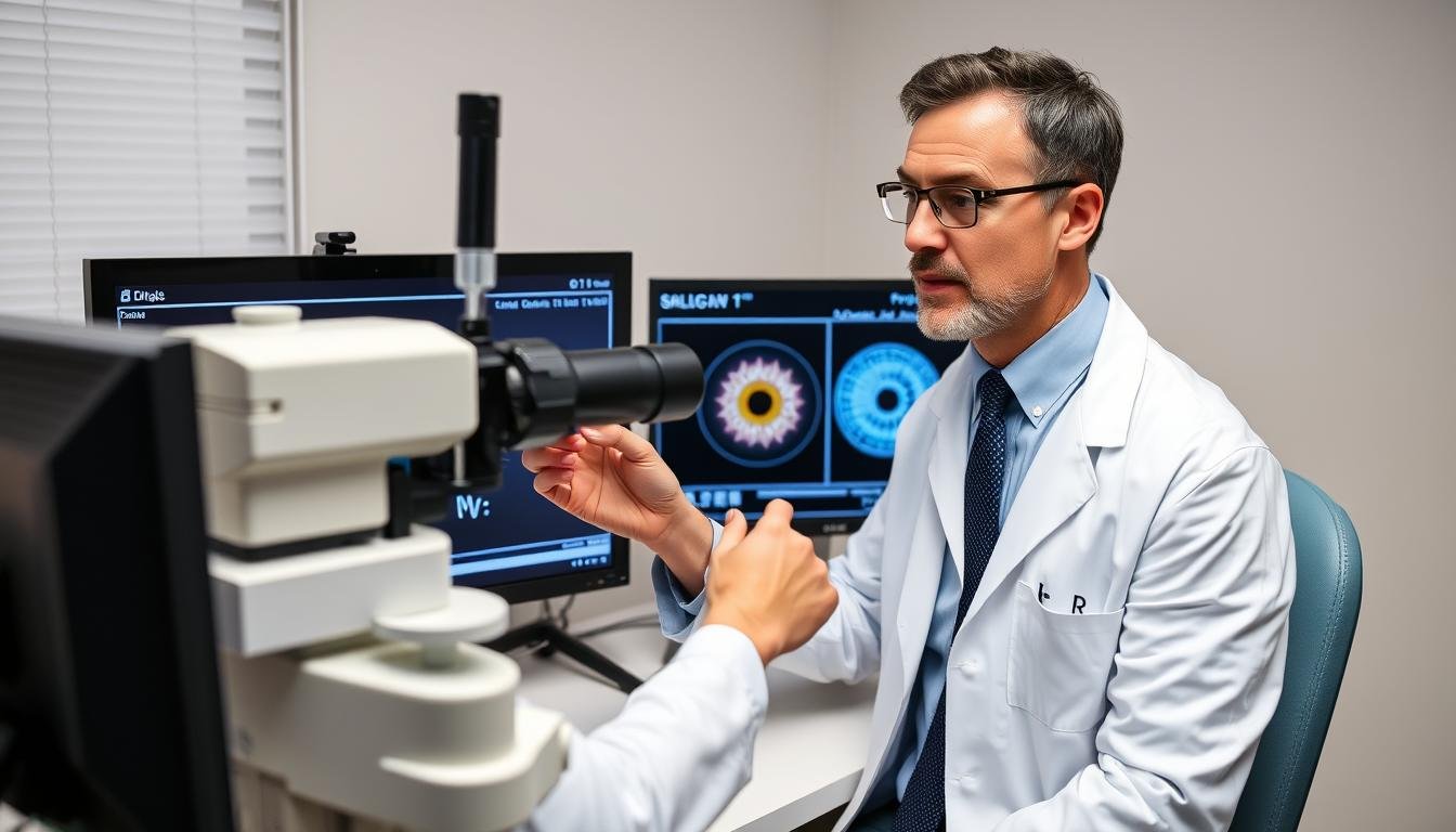 Profesional comparando resultados de Cámara de Iridología y lámpara de hendidura