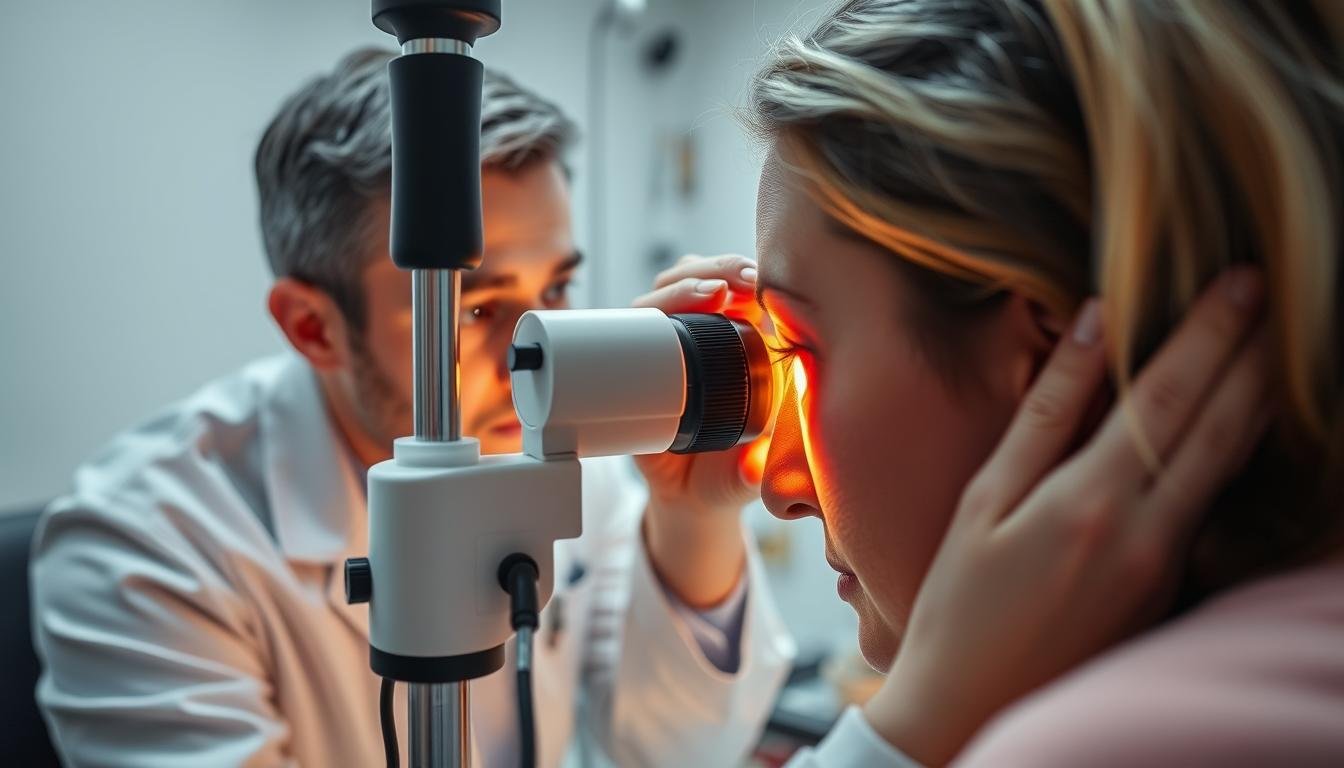 Profesional de iridología examinando el iris de un paciente