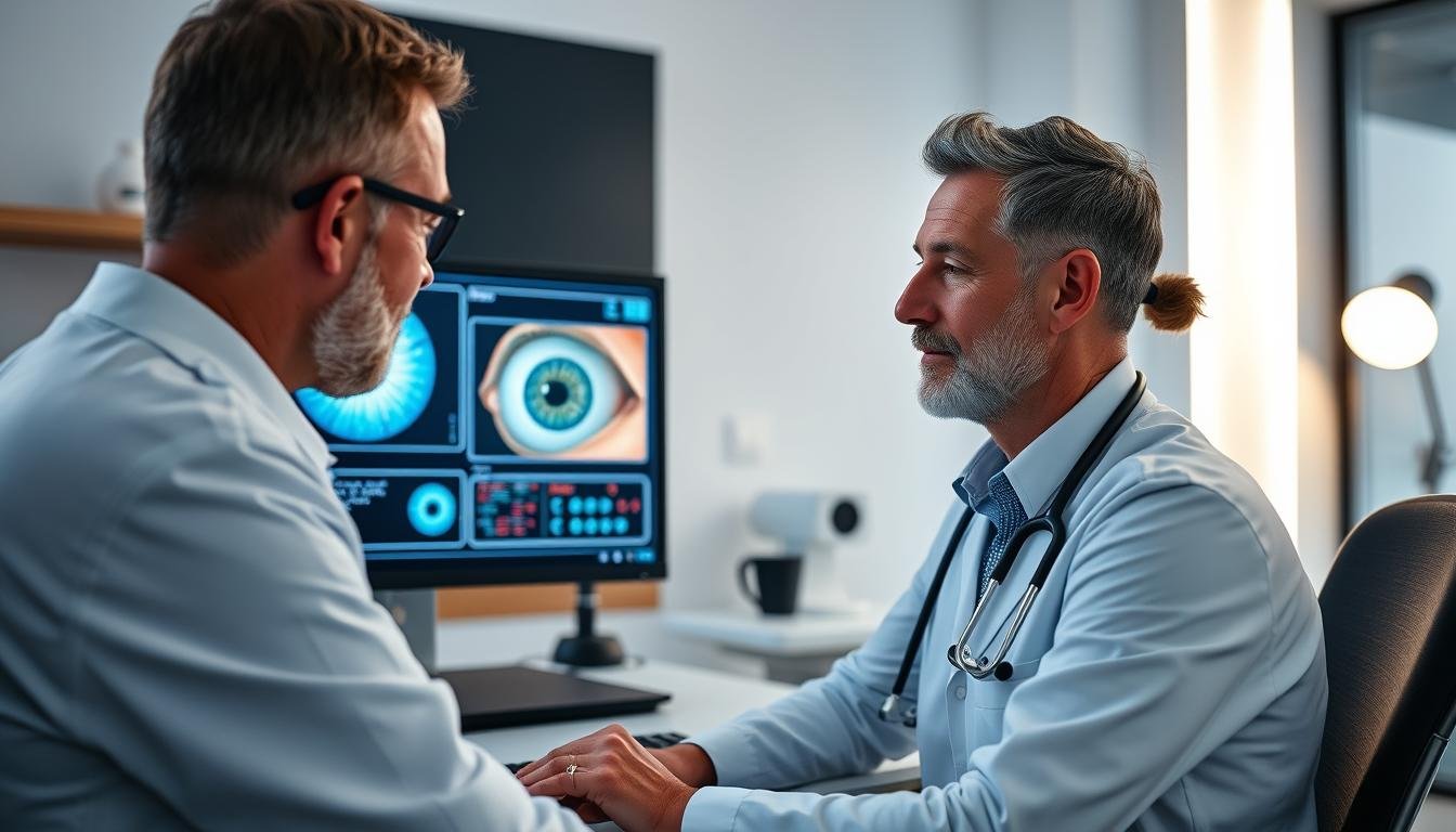 Profesional de iridología utilizando software avanzado con un paciente