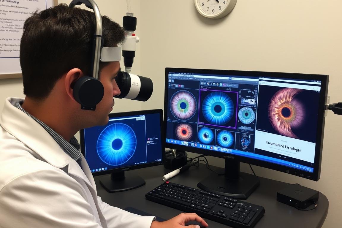 Profesional de iridología utilizando tecnología moderna para el análisis del iris