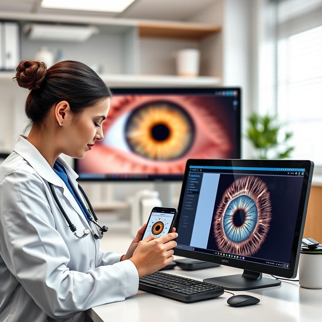 Profesional de la salud accediendo a datos de iridología en múltiples dispositivos