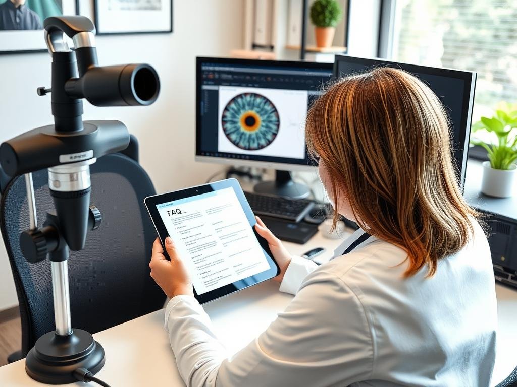 Profesional de la salud consultando guía de software de iridología