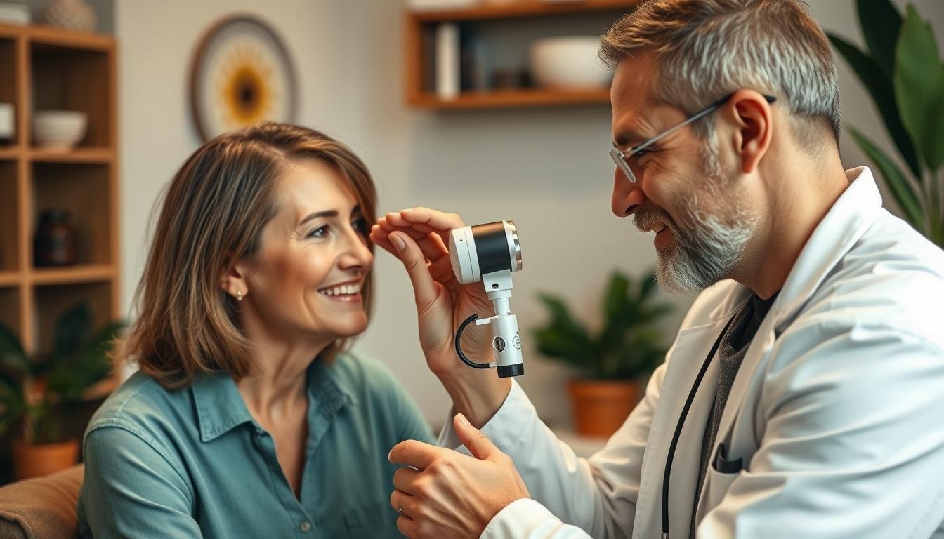 Profesional de la salud holística analizando el iris de un paciente