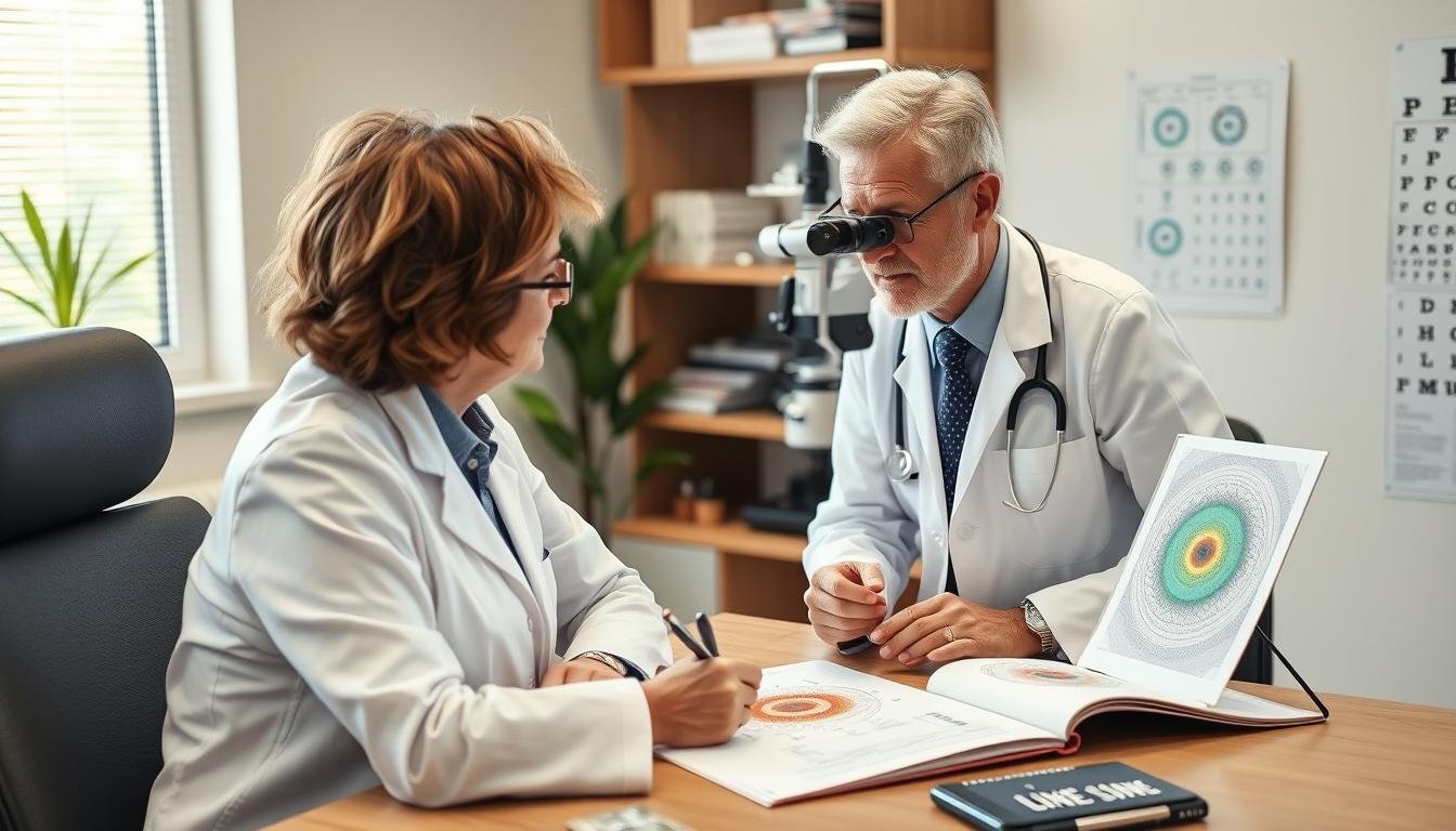 Profesional de la salud integrando conocimientos de iridología y optometría en una consulta