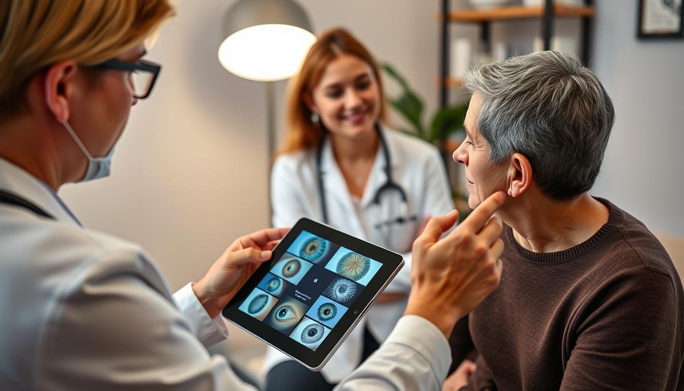 Profesional de la salud integrativa discutiendo resultados de un análisis del iris con un paciente