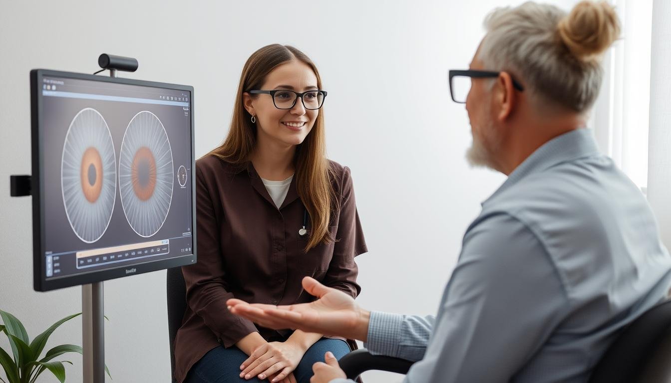 Profesional de la salud mostrando resultados de análisis de iridologia software a un paciente Profesional de la salud mostrando resultados de análisis de iridologia software a un paciente