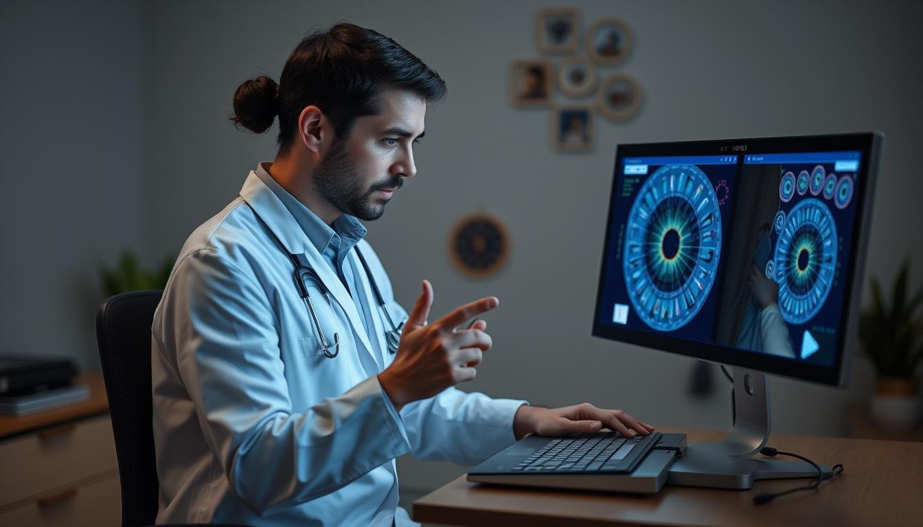Profesional de la salud natural combinando tecnología y conocimiento tradicional en iridología