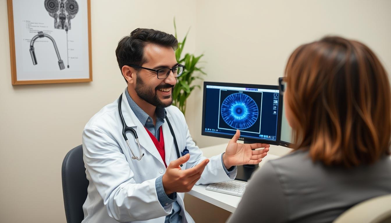 Profesional de la salud revisando resultados de análisis de iris con paciente