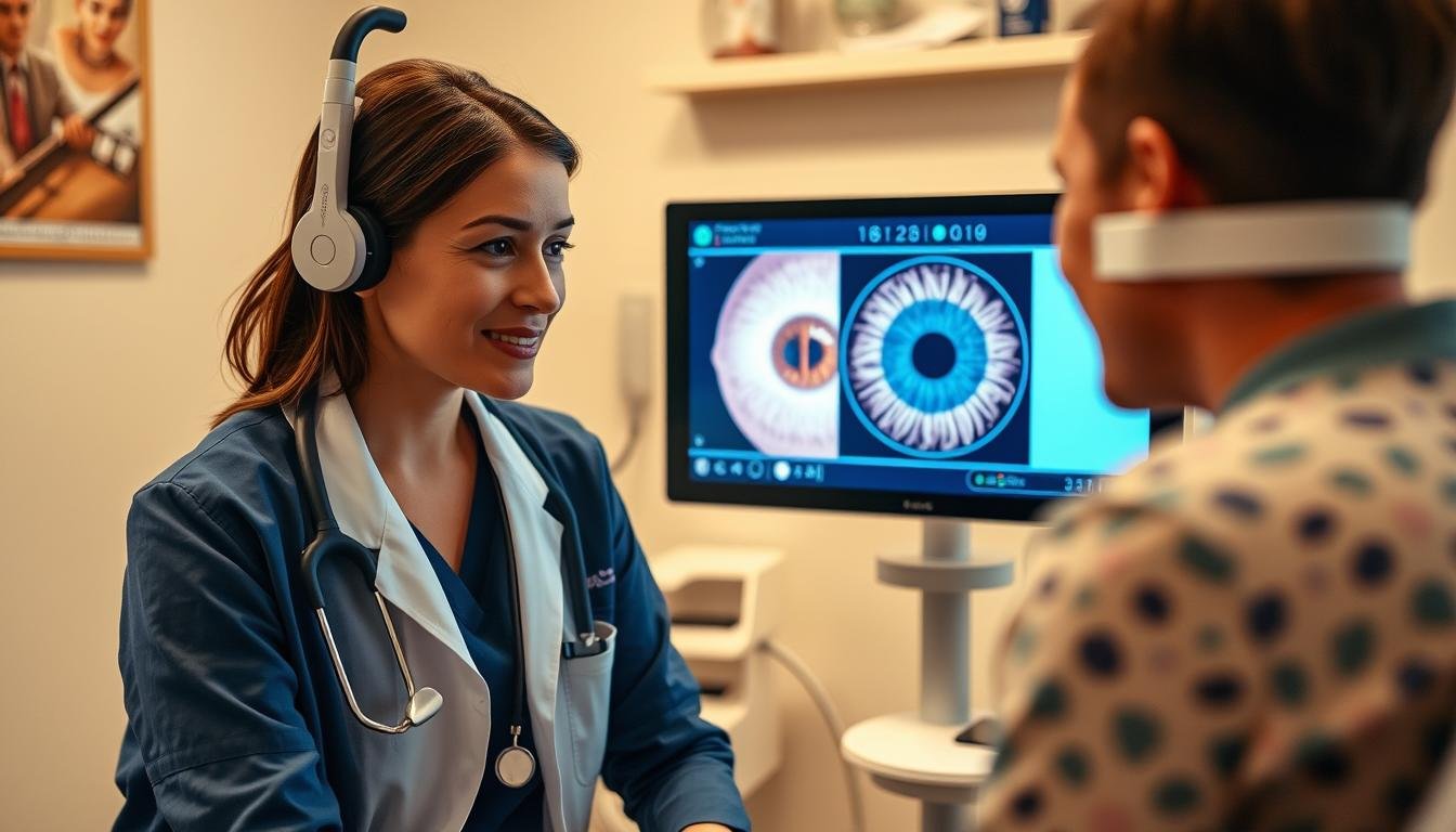 Profesional de la salud utilizando Cámara de Iridología en consulta