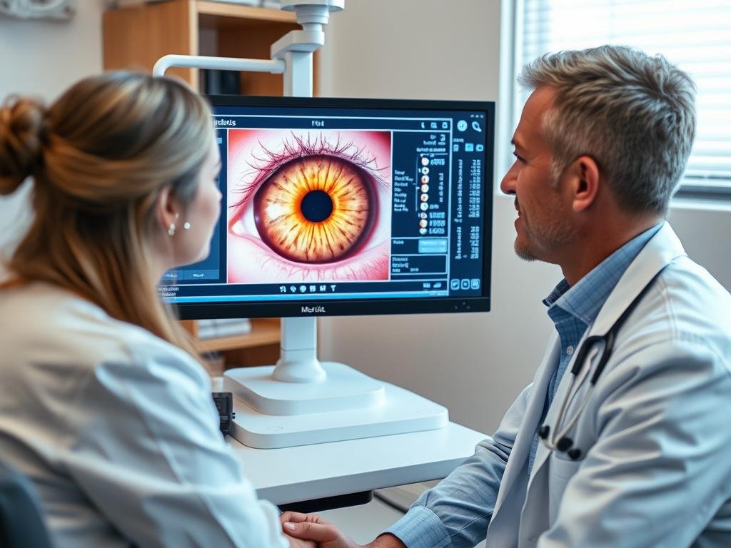 Profesional de la salud utilizando iridologia software para analizar el iris de un paciente Profesional de la salud utilizando iridologia software para analizar el iris de un paciente