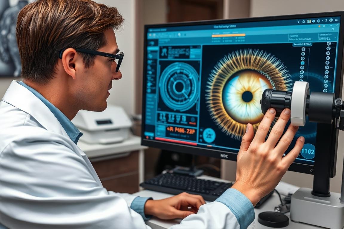Profesional de la salud utilizando software de iridología avanzado en una consulta