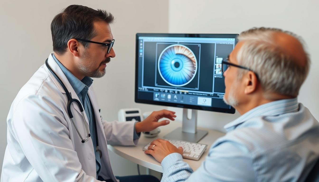 Profesional de la salud utilizando software de iridología con un paciente