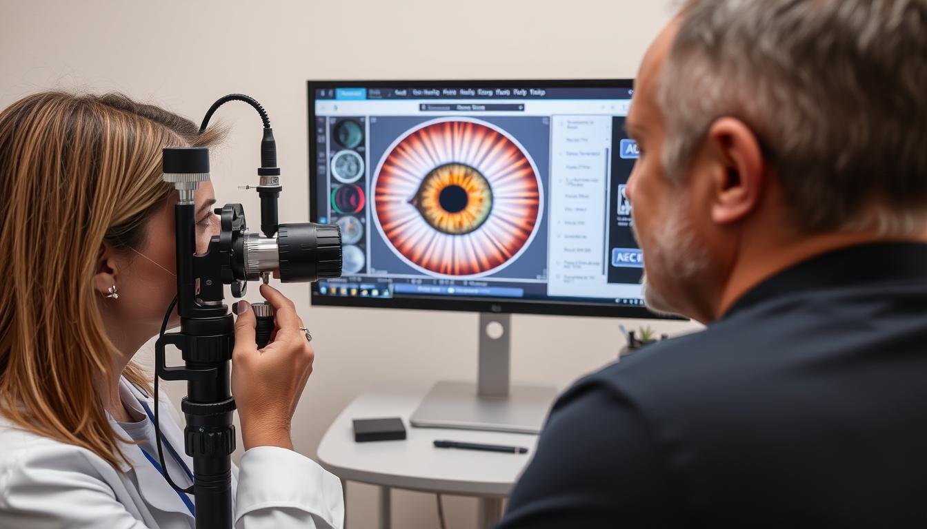 Profesional de la salud utilizando una Cámara de Iridología para diagnóstico