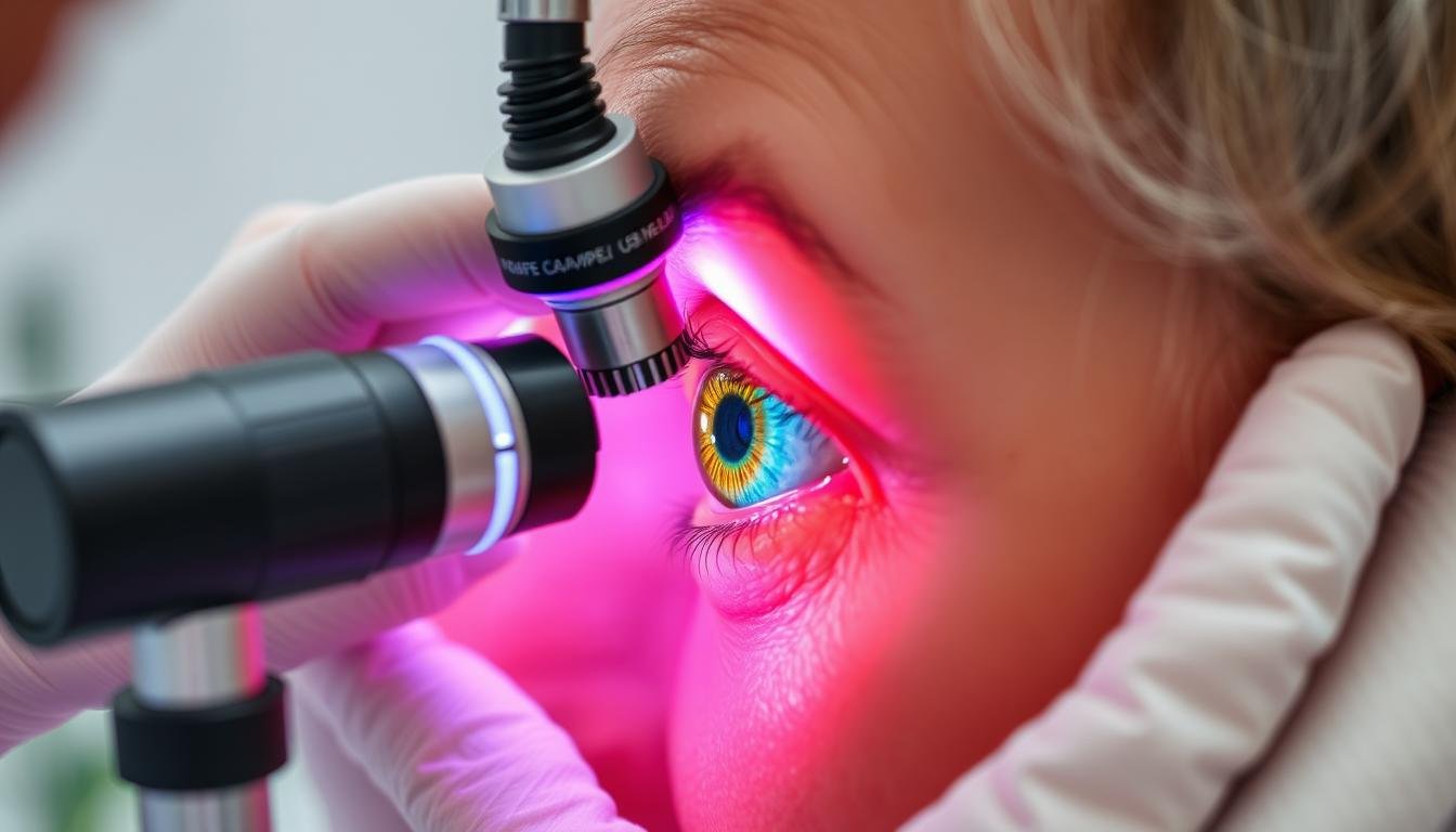 Profesional de medicina natural realizando un diagnóstico con lupa de iridología a un paciente