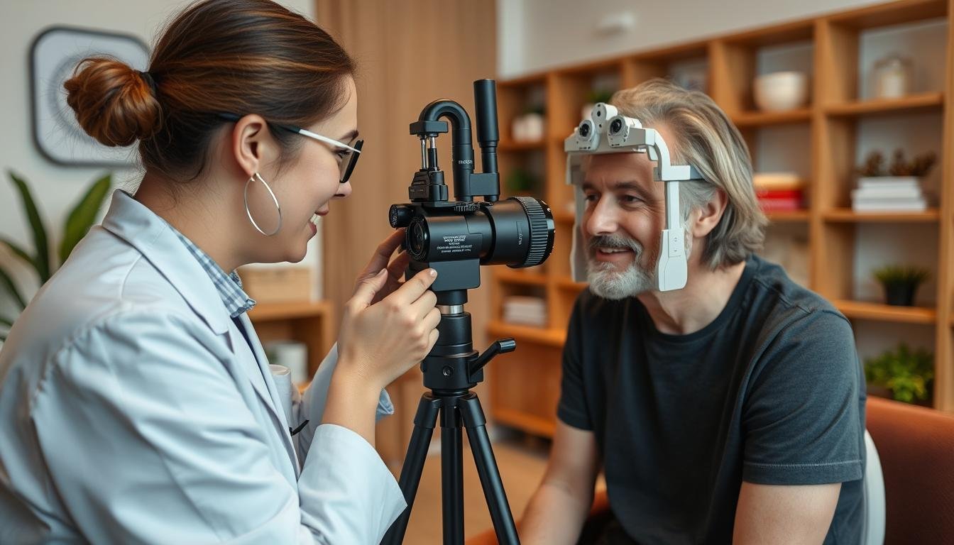 Profesional de salud holística utilizando Cámara de Iridología con paciente
