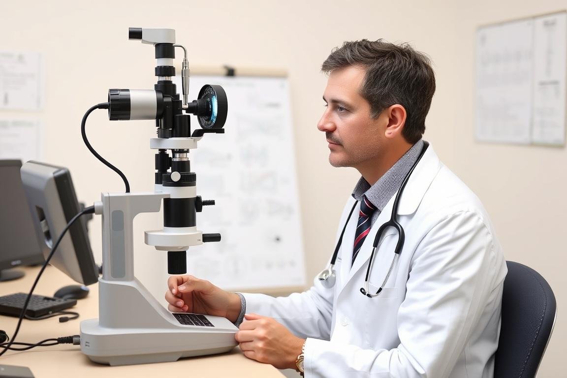 Profesional de salud integrativa combinando lectura del iris con métodos convencionales