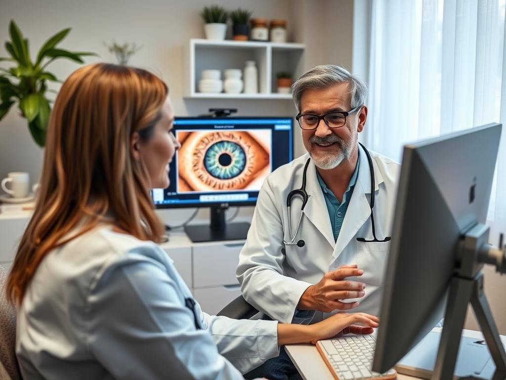 Profesional de salud natural utilizando software de iridología con un paciente