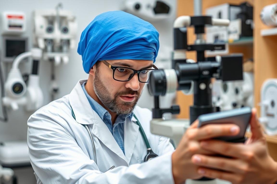 Profesional evaluando características de un aparato de iridología antes de su compra