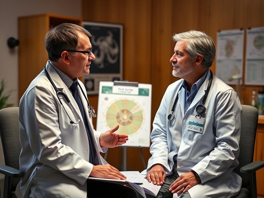 Profesional médico y practicante de iridología colaborando en un enfoque integrado