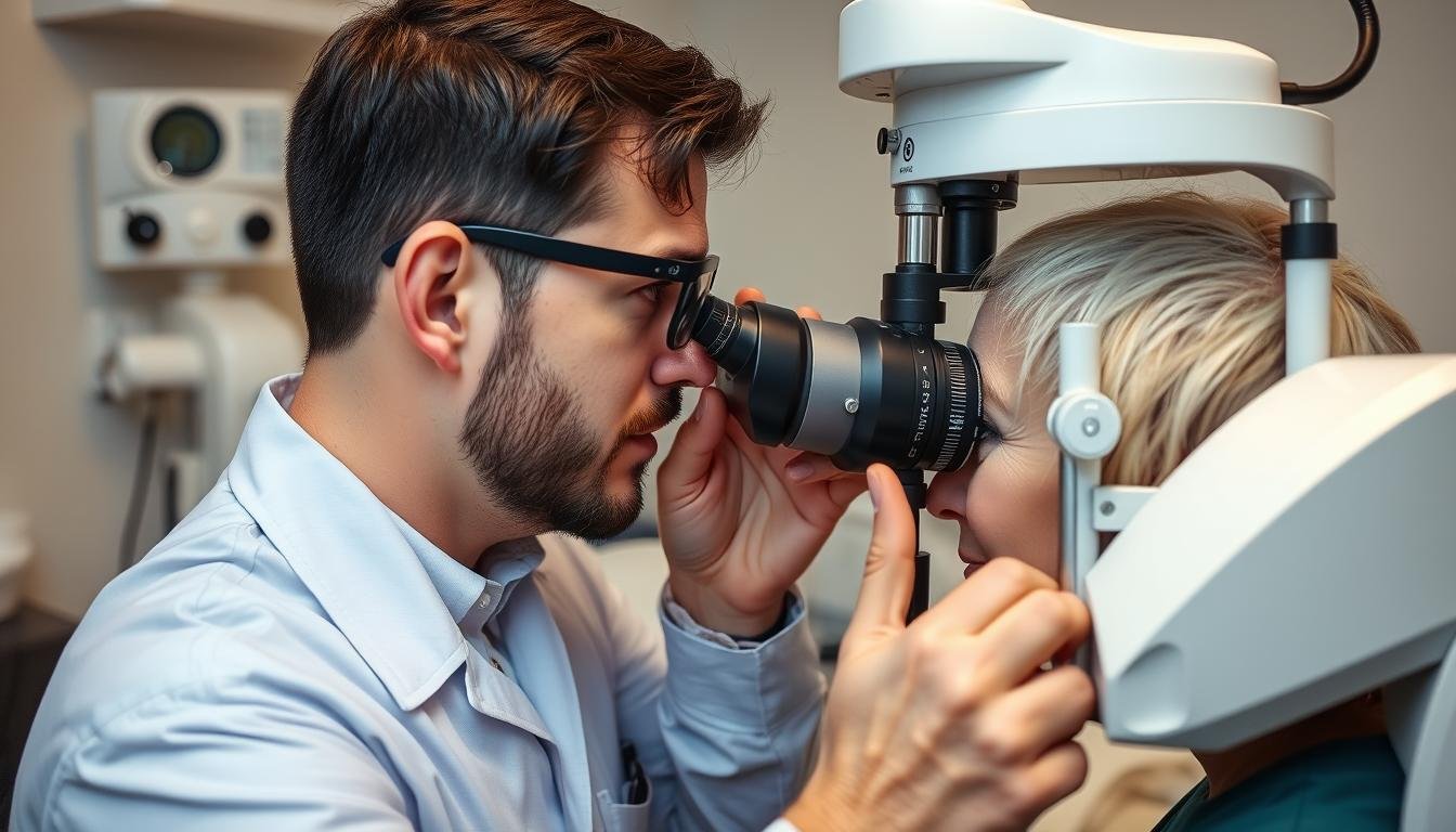 Profesional realizando un análisis iridológico con equipo especializado