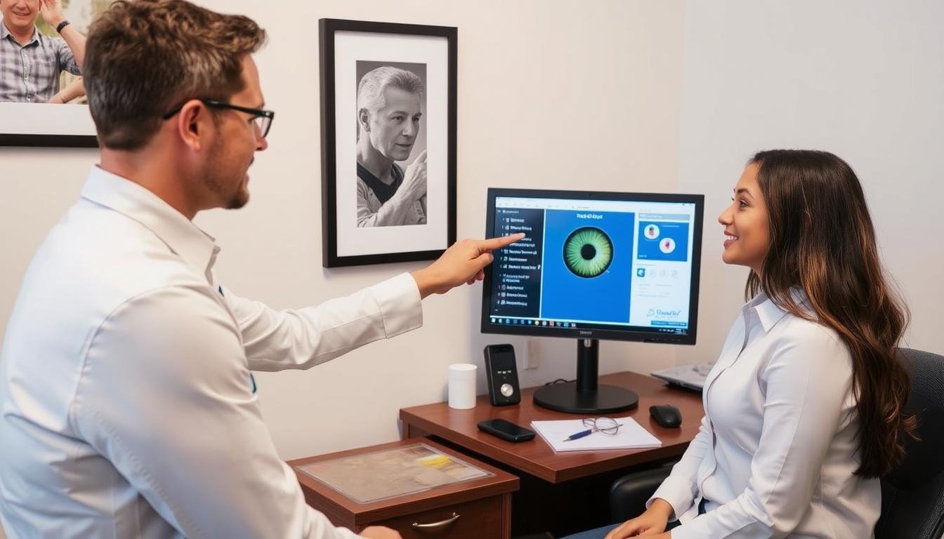 Profesional respondiendo preguntas sobre software de iridología a un cliente