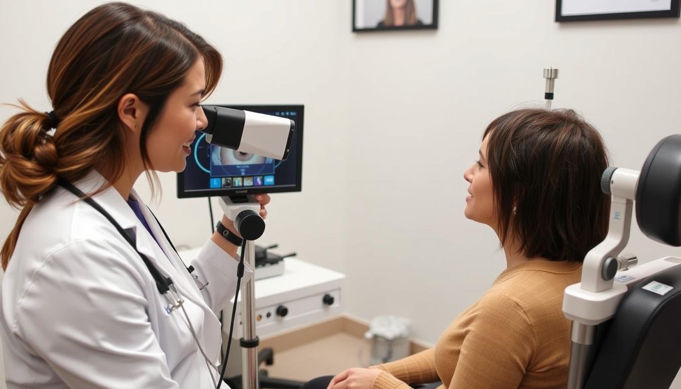 Profesional utilizando aparato de iridología con un paciente