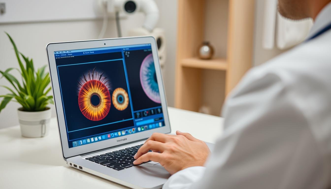 Profesional utilizando iridologia software en Mac para análisis de paciente