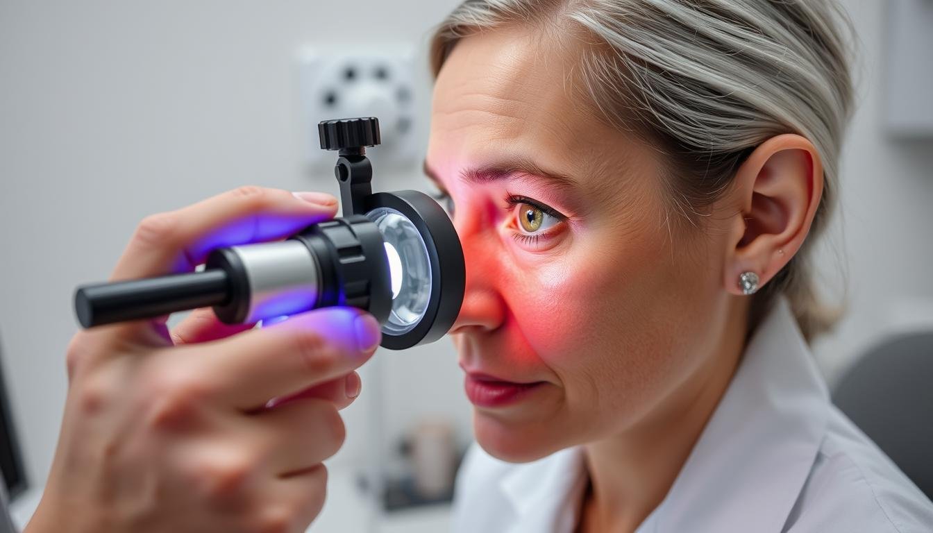 Profesional utilizando lupa para iridologia durante un examen