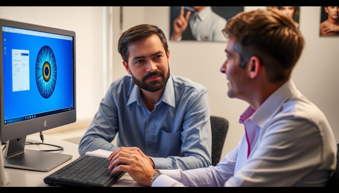 Profesional utilizando software de iridología en su práctica diaria