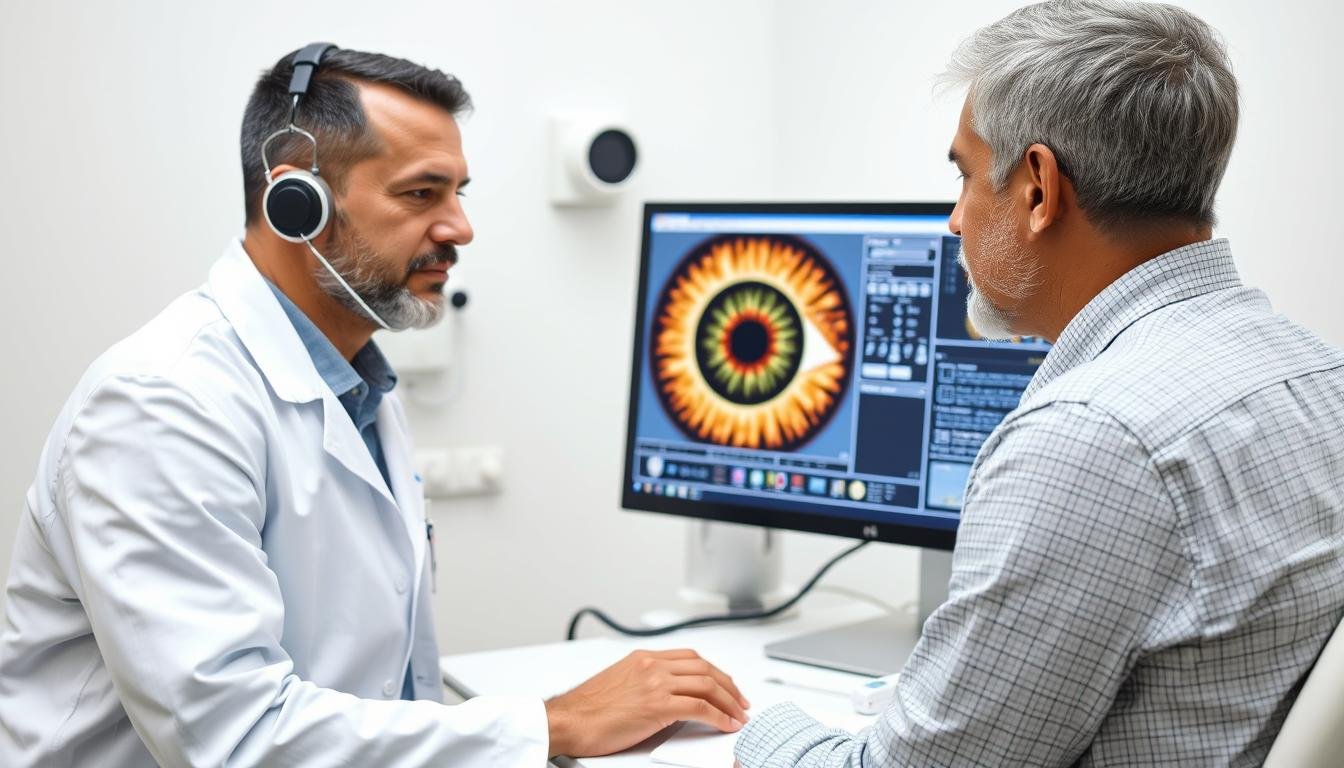 Profesional utilizando software de iridología para análisis de paciente Profesional utilizando software de iridología para análisis de paciente