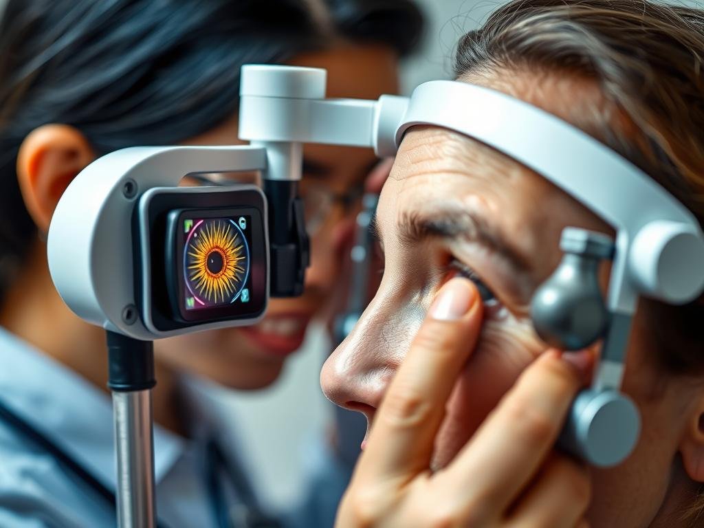 Profesional utilizando un aparato de iridología para examinar el iris de un paciente