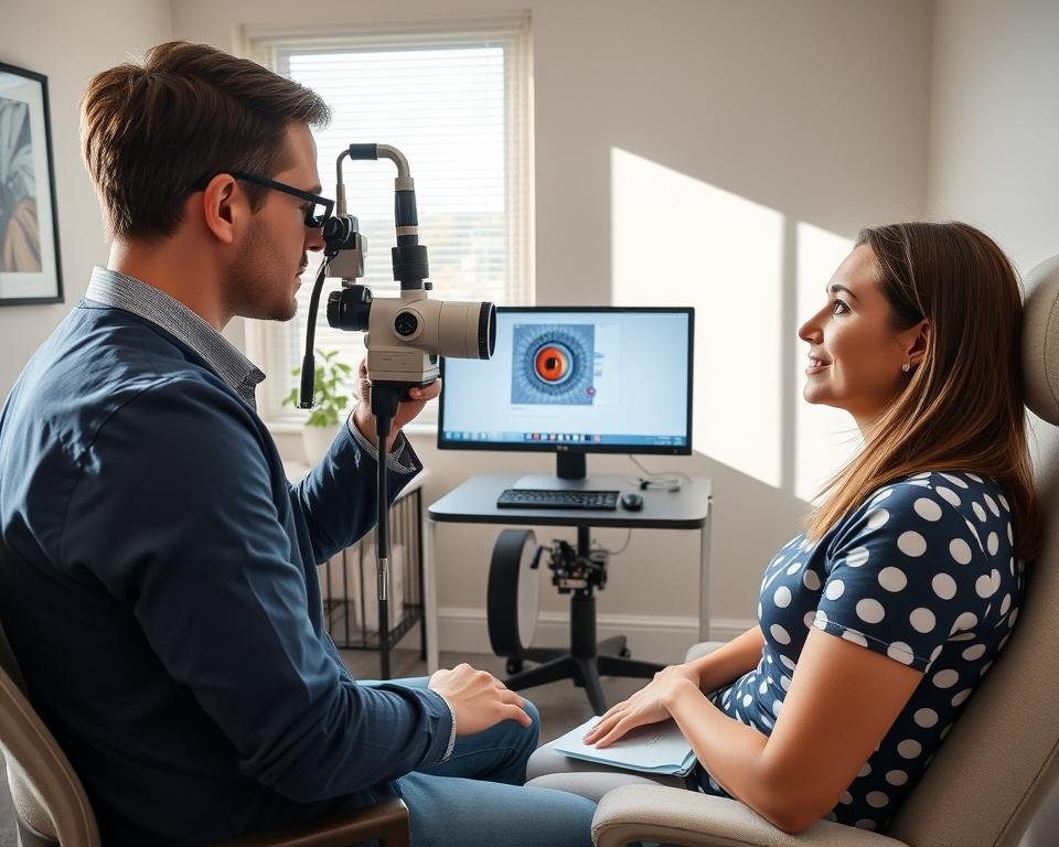 Profesional utilizando una Cámara de Iridología en consulta con paciente Profesional utilizando una Cámara de Iridología en consulta con paciente